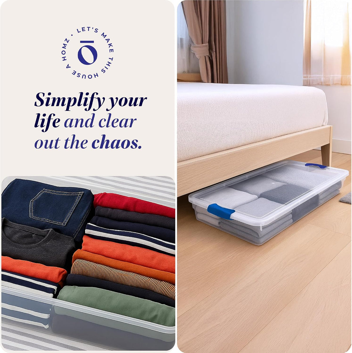 HOMZ Under Bed Clear Plastic Storage Bin w/Lid, 60 Qt, Blue Latch, 2 Pack