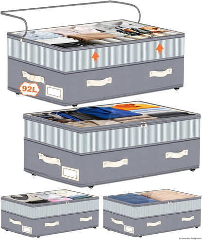 Dolicer 2 Pack Under Bed Storage with Wheels, 6in-10in Height Adjustable Underbed Storage Containers, 92L XXXL Under Bed Drawers Rolling Bin with Clear Lids for Dorm Shoes Clothes Organizers(Grey)