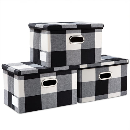 PRANDOM Large Collapsible Storage Bins with Lids [3-Pack] Linen/Cotton Blend Foldable Storage Boxes Organizer Containers Baskets Cube with Cover for Home Bedroom Closet Office Nursery(17.7x11.8x11.8)