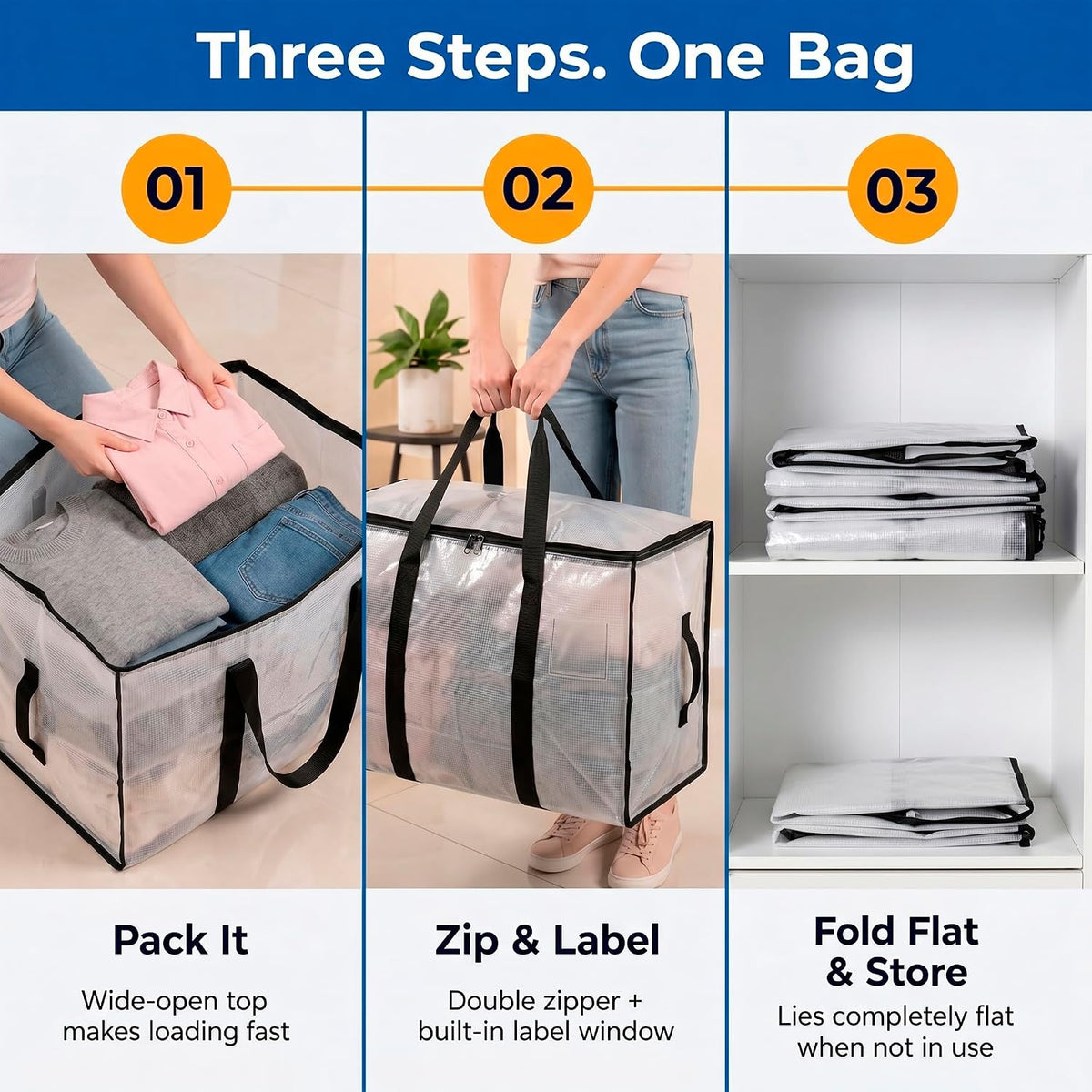 ClearSpace Heavy Duty Moving Bags - Water Resistant Storage Bags with Backpack Straps, Zippers and Handles - Large Moving Boxes for College Dorm, Travel, Closet Organization - 6 Pack, Clear