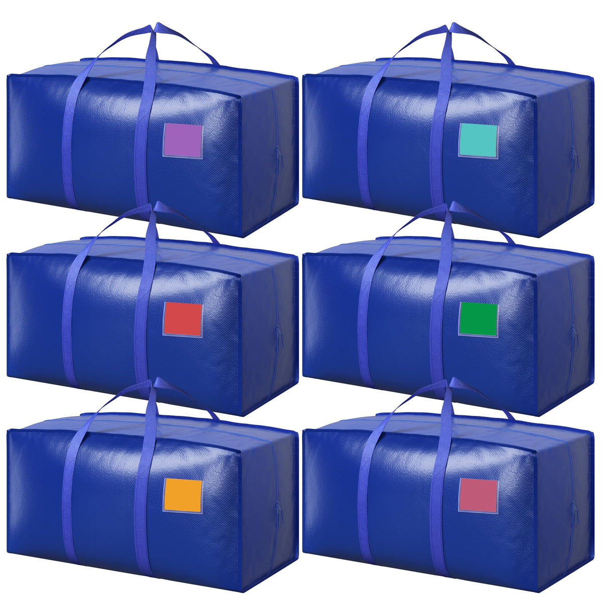 6 Pack Moving Bags Heavy Duty 210GSM with Full-Open Side Zipper, 93L 220lbs Waterproof Foldable Storage Totes for College Dorm Move-In, Moving Boxes Alternative & Home Organization, Blue