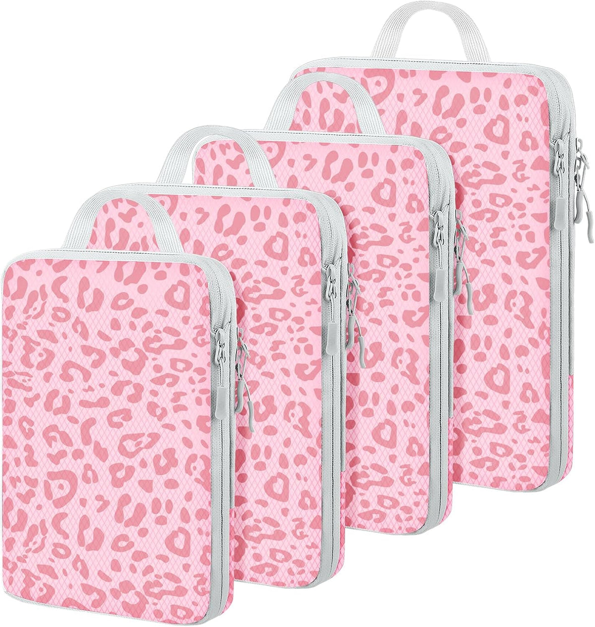 4 Set Compression Packing Cubes For Travel Bags Organizer For Luggage Suitcase Organizer, Compression Bags For Travel Accessories Luggage Storage Set (4 Pcs, Pink Leoparda)