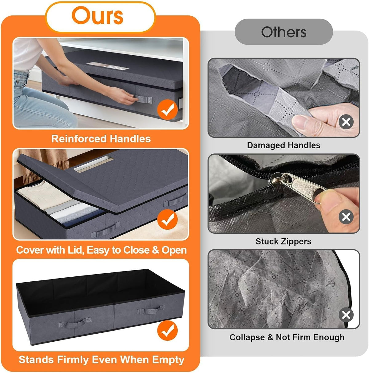 StoreHappily Under Bed Storage Containers with Lids, 2 Pack Foldable Grey