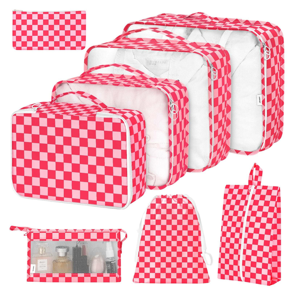 8 Set Packing Cubes for Suitcases,Suitcase Organizer with Shoe,Cosmetics,Clothing, and Accessories Bags for Travel Luggage Organizer Women Men(Pink Bows)