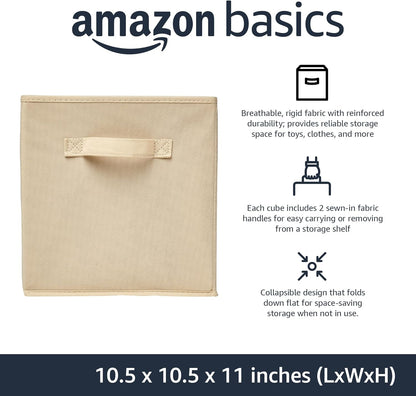 Amazon Basics Collapsible Fabric Storage Cubes Organizer with Handles, Sturdy Storage Bins for Organization, 10.5" x 10.5" x 11", Beige, 6-Pack