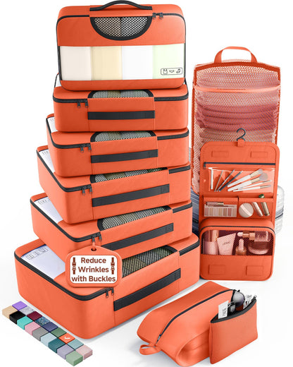 Veken 10 Set/8 Set Packing Cubes for Travel Essentials,Anti-Wrinkle Buckled Suitcase Organizer for Shoe & Toiletry Bag,Carry On Luggage Bag for Airplane & College Dorm Room Accessories,Women Men Gifts