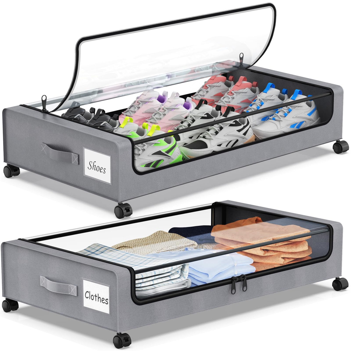 Molutsody Under Bed Storage with Wheels, 2-Pack Underbed Storage Containers with Clear Lids, Under Bed Shoe Storage Organizer, Rolling Under the Bed Storage Bins for Clothes Shoes Blankets (Black)