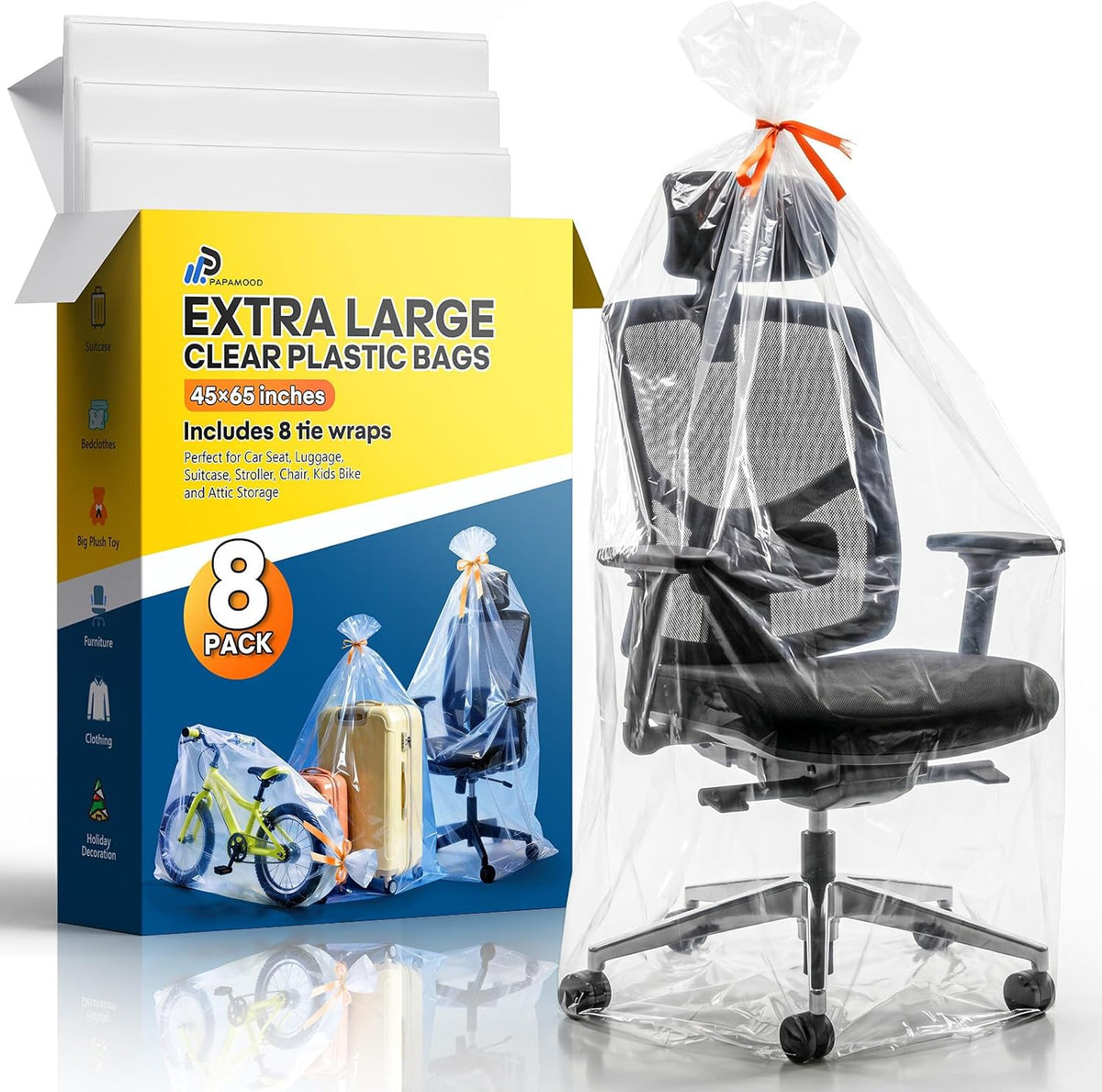 45x65 Inch Extra Large Clear Plastic Storage Bag for Luggage Cover, 8 Pack