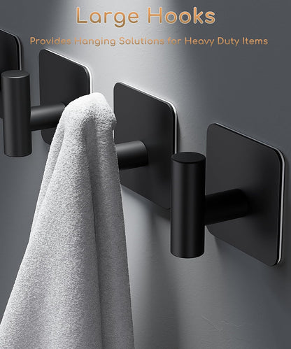 Aikzik 4 Pack Large Heavy Duty Wall Hooks - 26lb Max, Stainless Steel Adhesive Towel Hook, Shower Hooks for Hanging Towel, Coat, Robe, Wall Hook for Use in Bathroom, Kitchen and Door, Matte Black