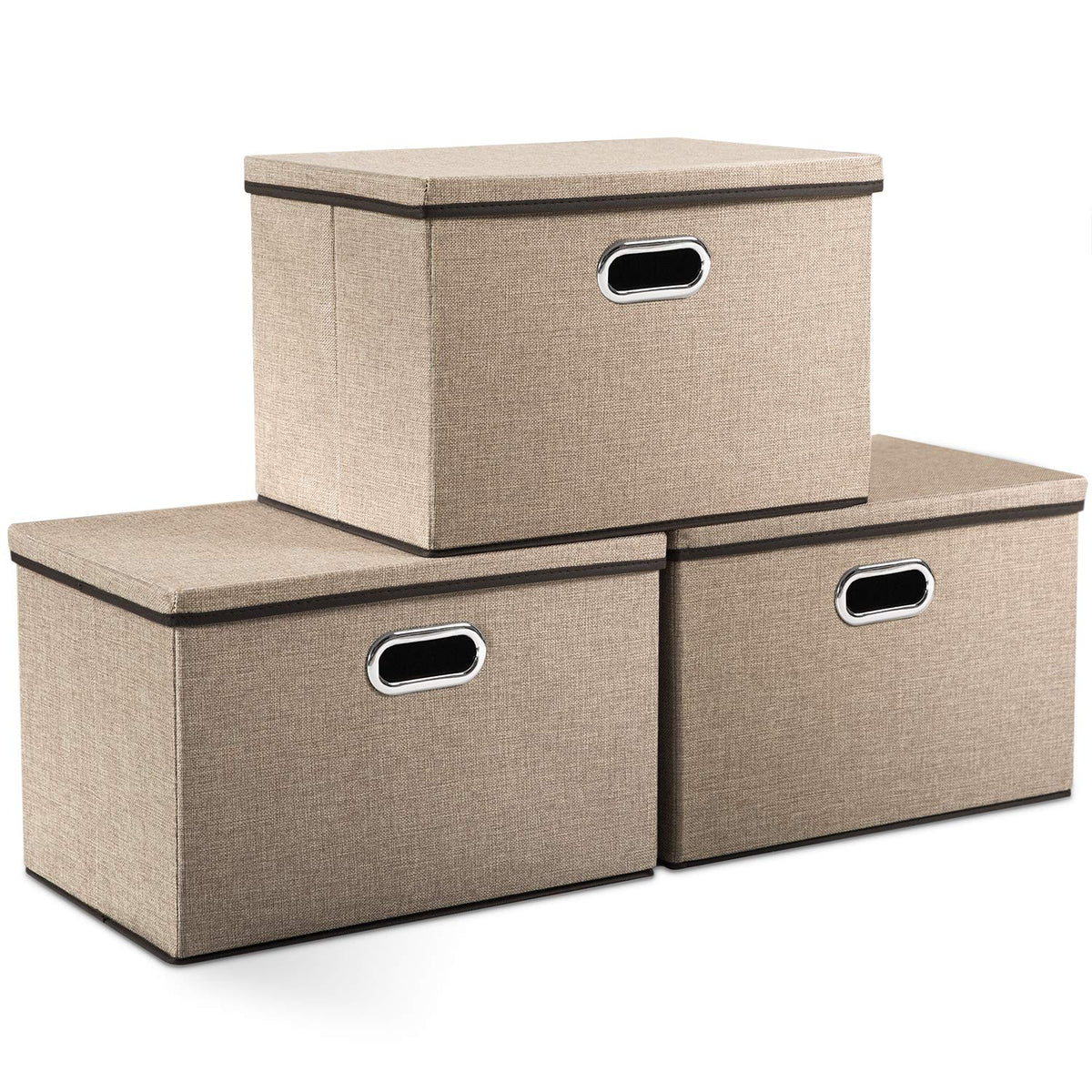 PRANDOM Large Collapsible Storage Bins with Lids [3-Pack] Linen/Cotton Blend Foldable Storage Boxes Organizer Containers Baskets Cube with Cover for Home Bedroom Closet Office Nursery(17.7x11.8x11.8)