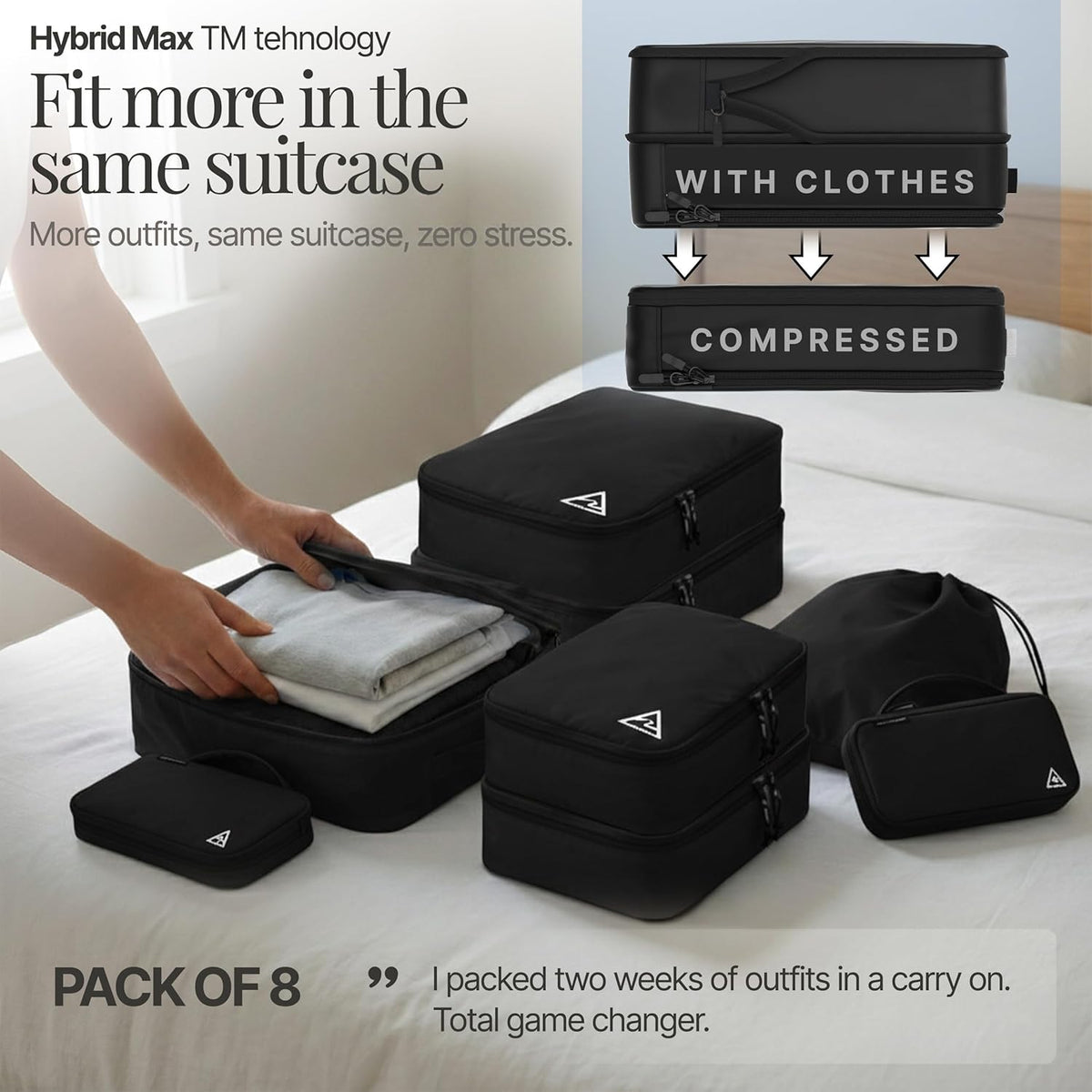 Well Traveled 8 pcs Compression Packing Bags Cubes Set with HybridMax Double-Capacity Design - Packing Cubes for Travel Compression to Maximize Limited Luggage Space, Black