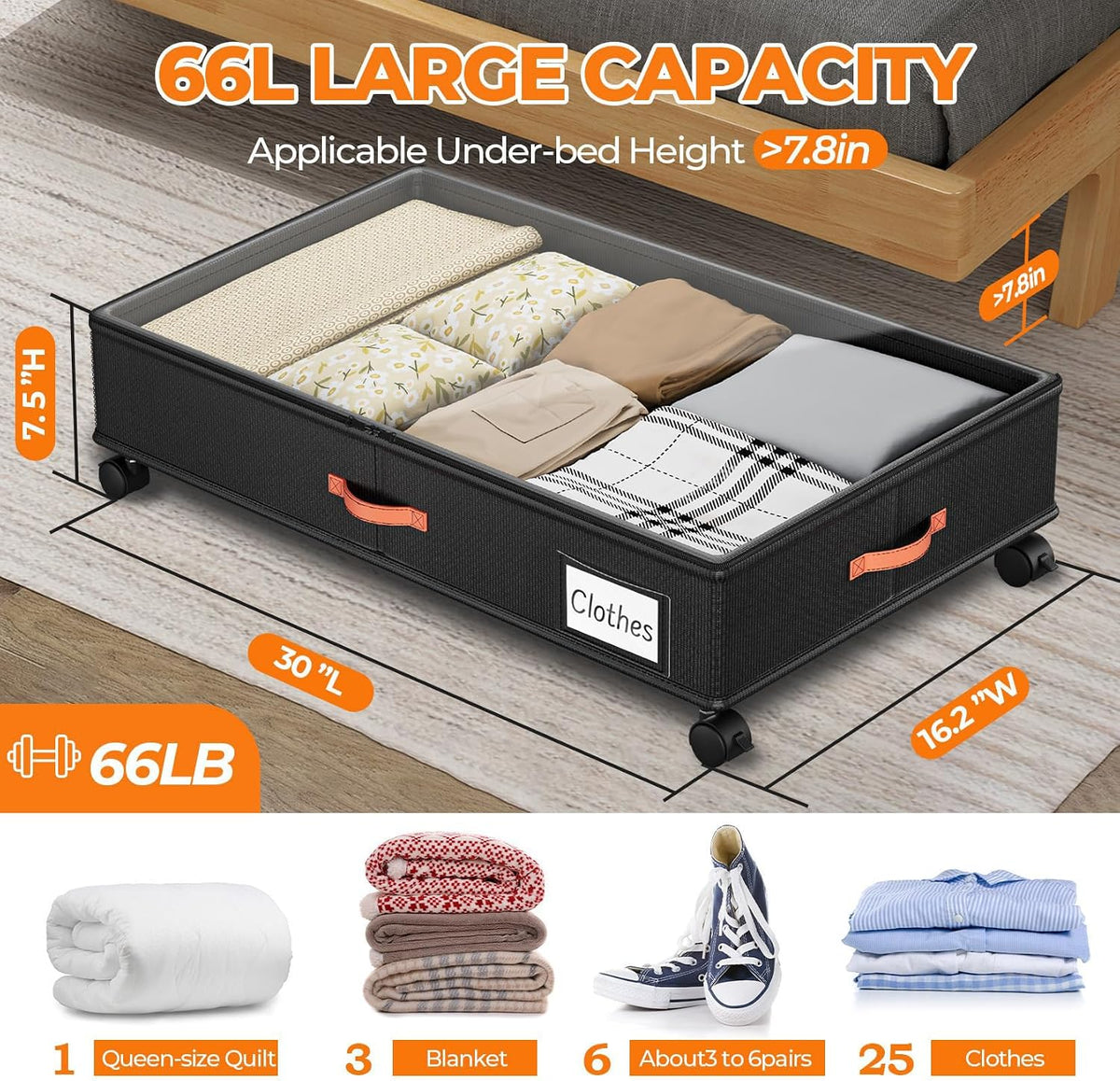 Ashwanth Under Bed Storage with Wheels, 2-Pack, XXL Large, Black