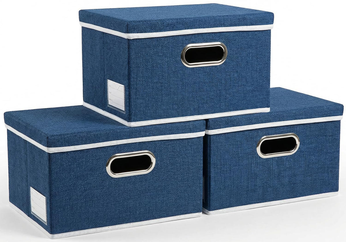 PRANDOM Large Collapsible Storage Bins with Lids [3-Pack] Linen/Cotton Blend Foldable Storage Boxes Organizer Containers Baskets Cube with Cover for Home Bedroom Closet Office Nursery(17.7x11.8x11.8)