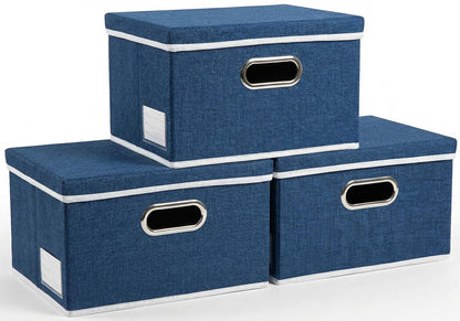 PRANDOM Large Collapsible Storage Bins with Lids [3-Pack] Linen/Cotton Blend Foldable Storage Boxes Organizer Containers Baskets Cube with Cover for Home Bedroom Closet Office Nursery(17.7x11.8x11.8)