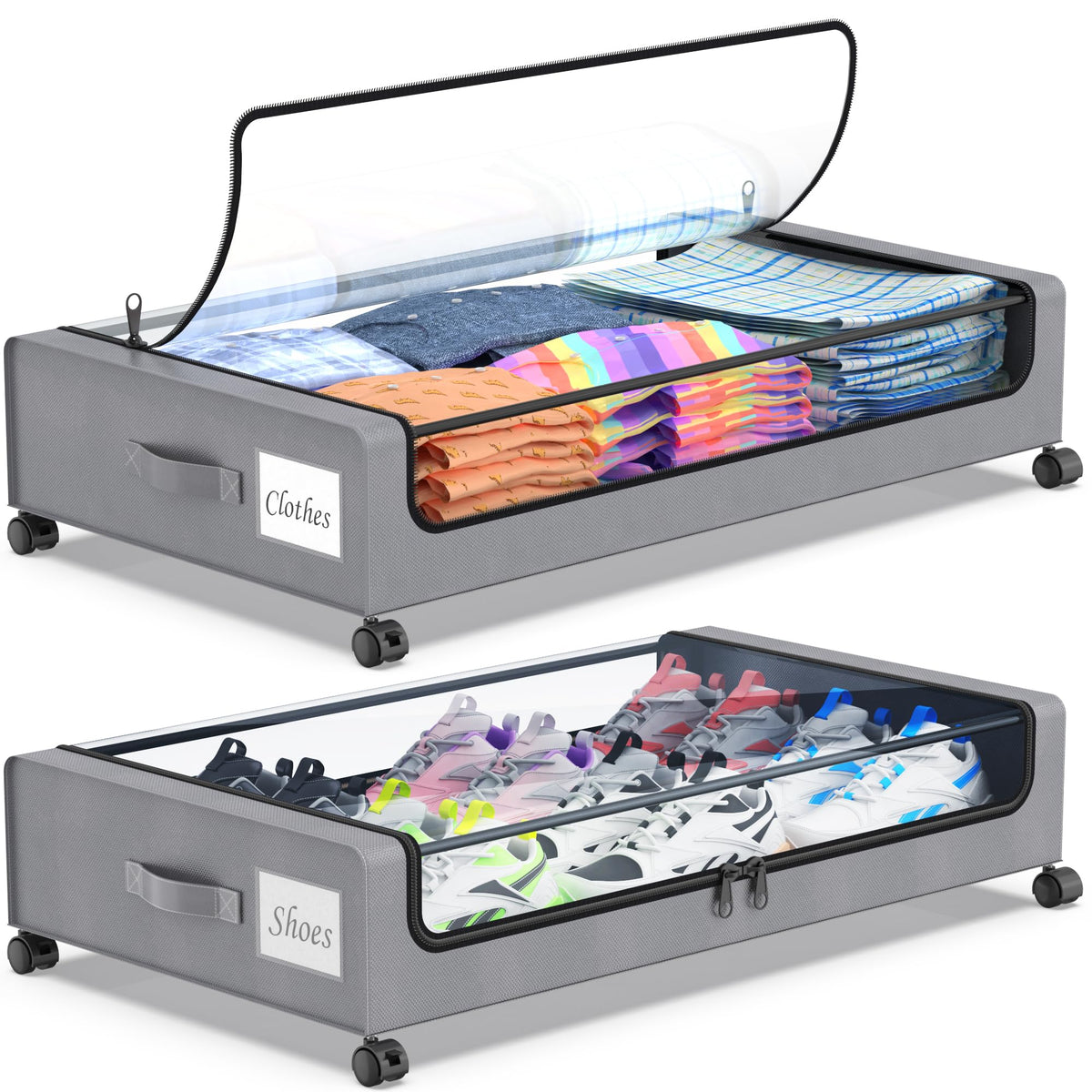 Beborxue Under Bed Storage with Wheels, 2-Pack Under the Bed Storage Containers with Lids, XXL 60L Under Bed Shoes Storage Organizer Bins, Rolling Underbed Storage for Clothes, Shoes, Blankets (Black)
