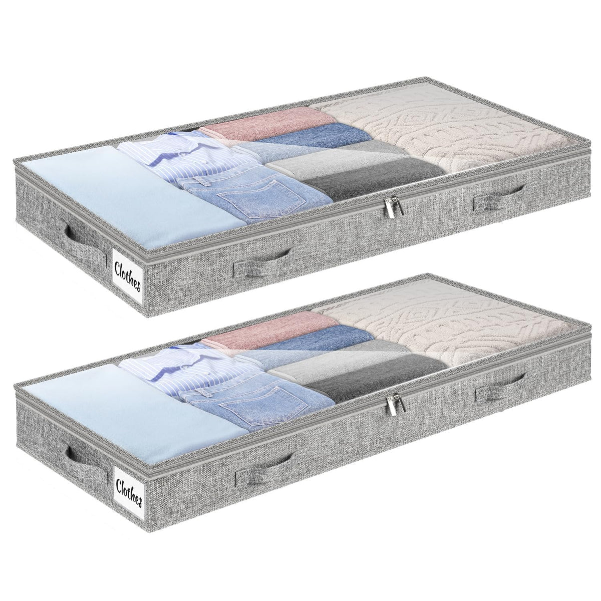 Under Bed Storage Container Bins 2 Pack, 4 Inch Thin Low Profile Underbed Clothes Storage Organizer for Dorm & Home, Use for Blanket and Toy Storage Box W/ Sturdy Bottom/Sides, Foldable Thick Fabric