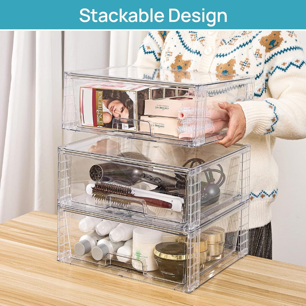 Vtopmart 2 Pack Large Clear Stackable Plastic Storage Drawers for Closet