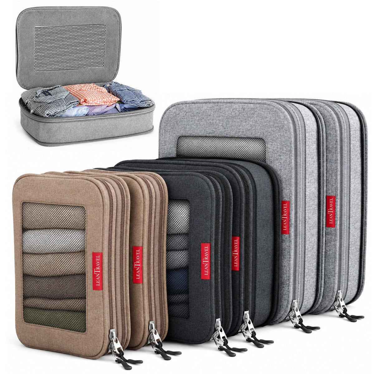 LeanTravel Premium Compression Packing Cubes for Travel - Suitcase Organizer Bags with Double Zipper & Breathable Mesh Panel - Space Saving Carry On Luggage Essentials (6-Pack, Grey)