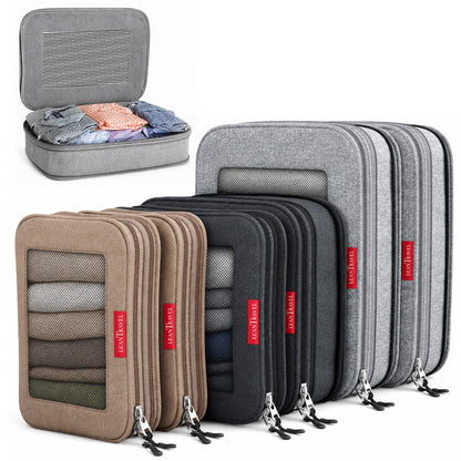 LeanTravel Premium Compression Packing Cubes for Travel - Suitcase Organizer Bags with Double Zipper & Breathable Mesh Panel - Space Saving Carry On Luggage Essentials (6-Pack, Grey)