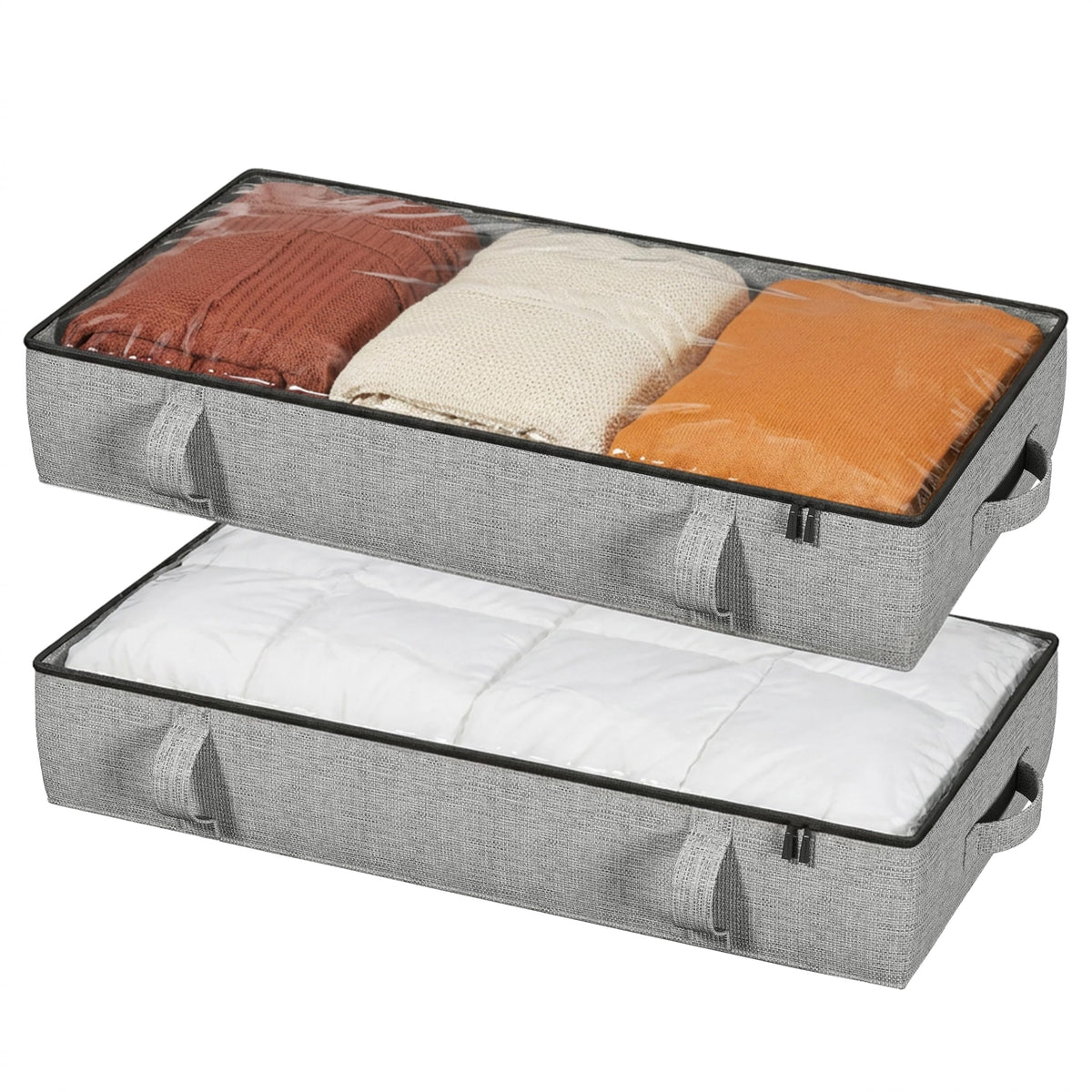 Vailando Side-Supported Under Bed Storage Containers, 6 Inches Tall 60L Underbed Storage Bins with Sturdy Handles and Sidewalls, Closet Organizer for Clothes, Blankets, Seasonal Items, Beige, 2-Pack