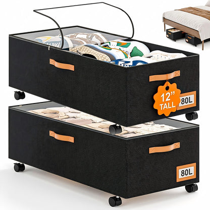 Under Bed Storage with Wheels 39inch, Extra Long Under Bed Storage Bins, Low Profile Under Bed Storage 5.5inch Height No Assemble Storage Containers, Under Bed Shoe Storage with Lids