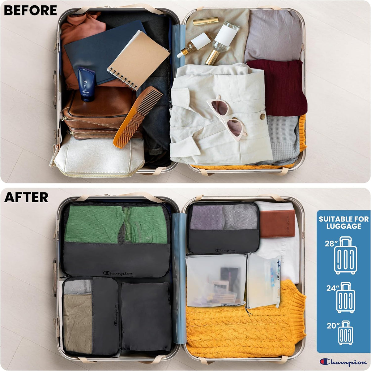 Champion Packing Cubes for Travel - 6 Piece Organizer Set, Carry-On Ready