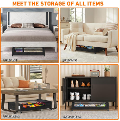Under Bed Storage with Wheels, 2 Pack Under Bed Storage Containers with Clear Lids, XXL 65L Under Bed Storage Organizer, Rolling Under Bed Metal Drawer for Blanket, Clothes, Shoes (31 x 17 x 6.69 in)