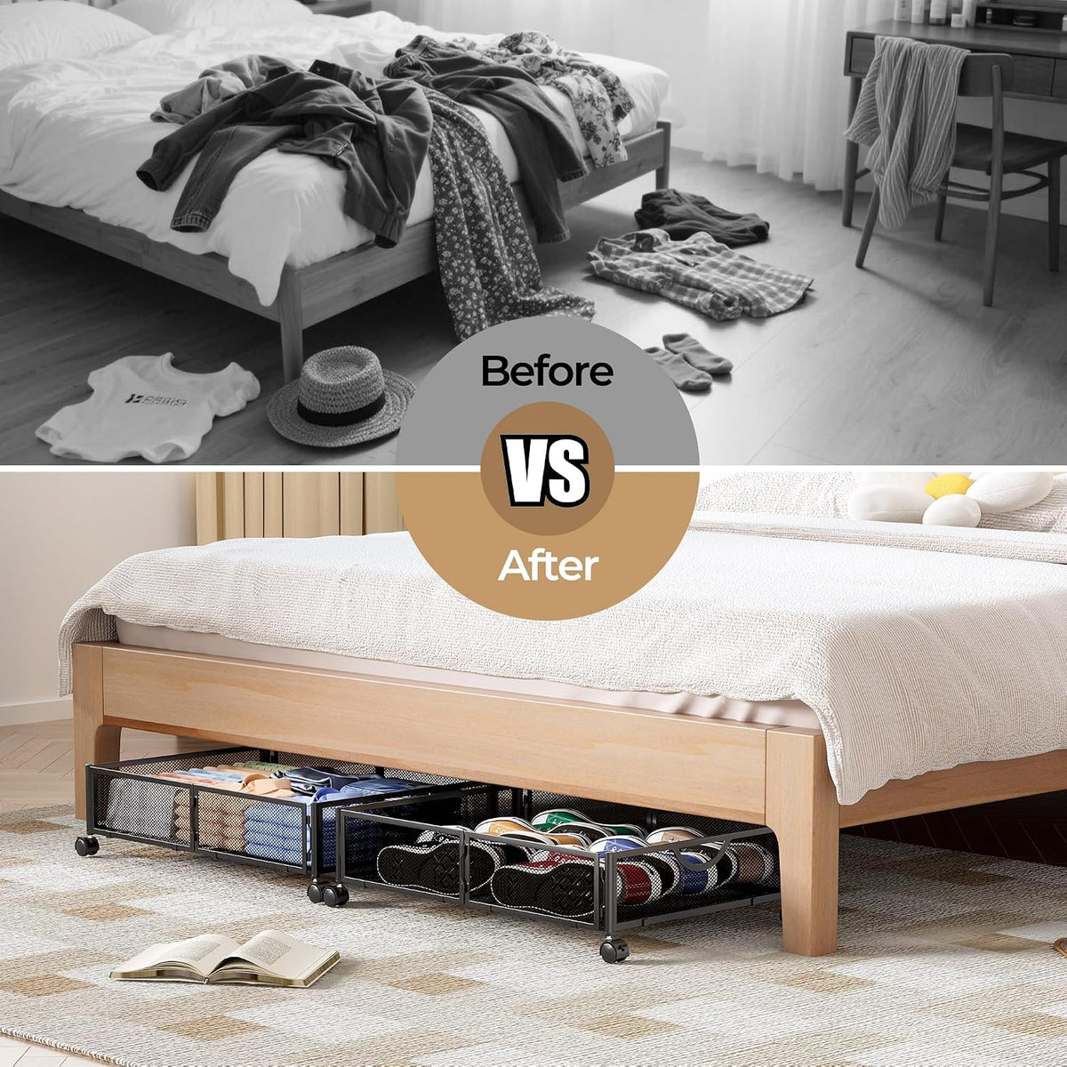 Yecaye Under Bed Storage with Wheels, 2 Pack Under Bed Shoe Storage, Black