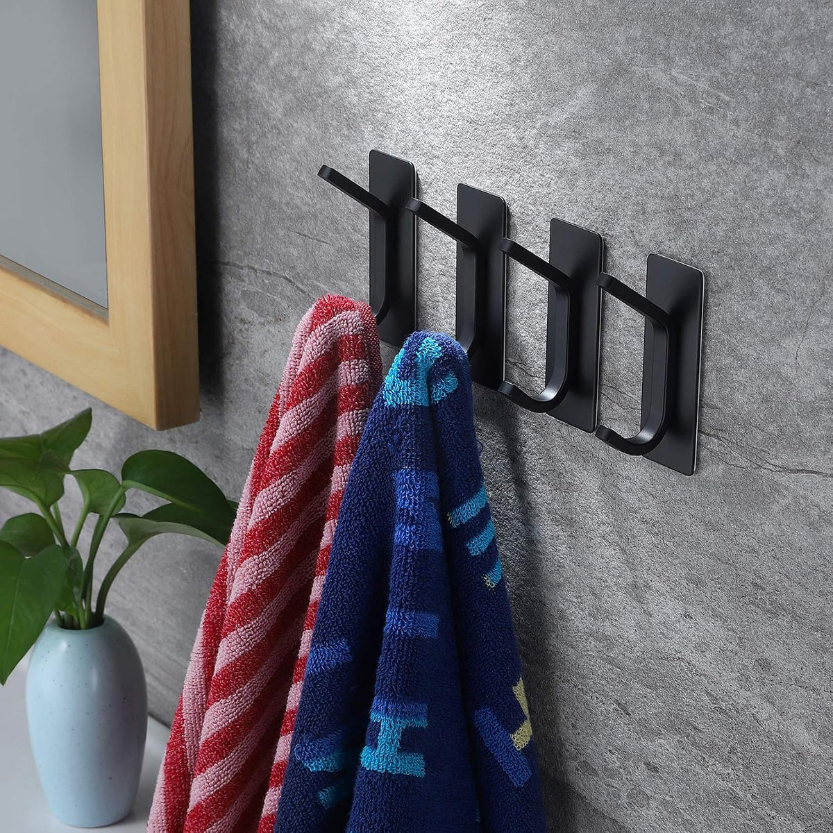 YIGII Towel Hook/Adhesive Hooks - Black Wall Hooks Stick for Bathroom and Kitchen Heavy Duty Hooks 4-Pack, Stainless Steel