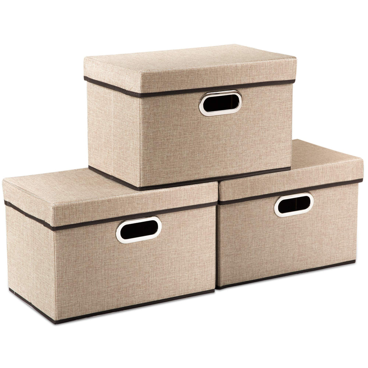 PRANDOM Large Collapsible Storage Bins with Lids [3-Pack] Linen/Cotton Blend Foldable Storage Boxes Organizer Containers Baskets Cube with Cover for Home Bedroom Closet Office Nursery(17.7x11.8x11.8)
