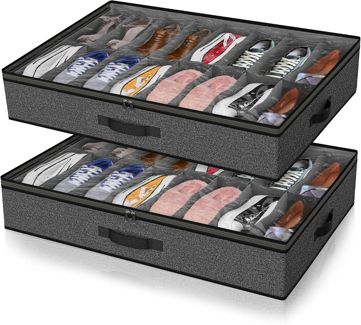 Under Bed Shoe Storage Organizer for Closet, 32 Pairs Sturdy Underbed Shoe Storage Boxes Bins Container Foldable Shoes Storage with Reinforced Handles & Clear Window for College Dorms Grey, Set of 2