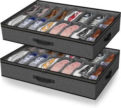 Under Bed Shoe Storage Organizer for Closet, 32 Pairs Sturdy Underbed Shoe Storage Boxes Bins Container Foldable Shoes Storage with Reinforced Handles & Clear Window for College Dorms Grey, Set of 2