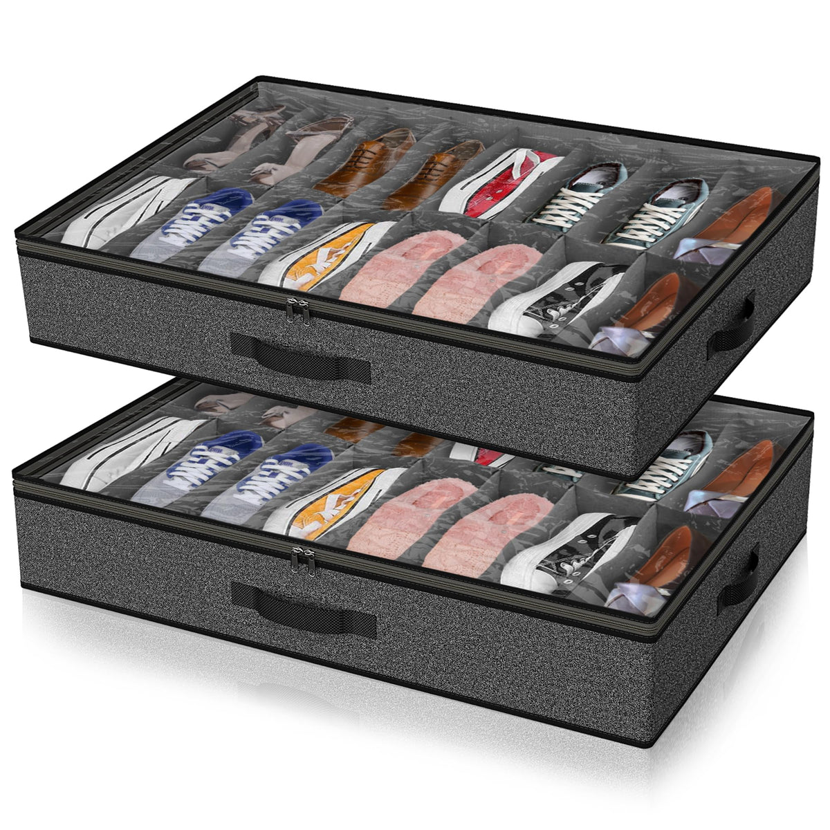 Under Bed Shoe Storage Organizer for Closet, 32 Pairs Sturdy Underbed Shoe Storage Boxes Bins Container Foldable Shoes Storage with Reinforced Handles & Clear Window for College Dorms Grey, Set of 2