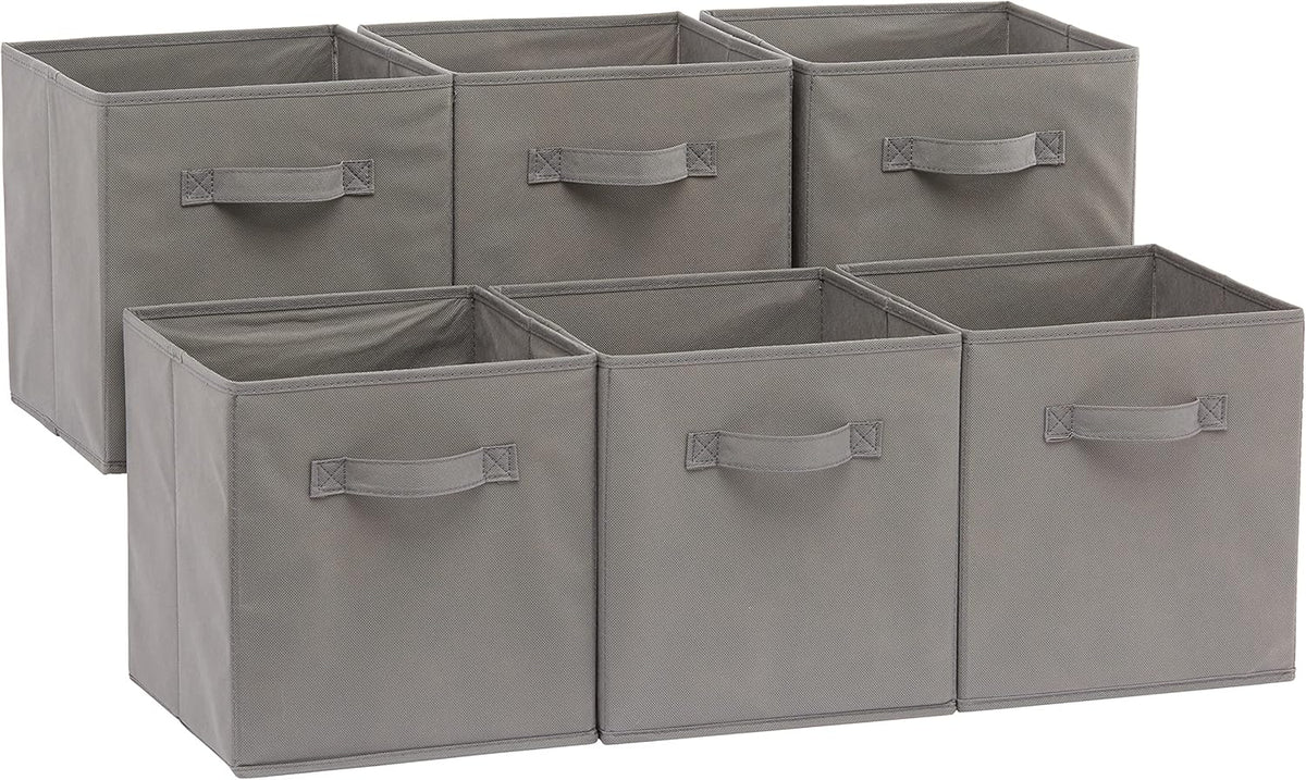 Amazon Basics Collapsible Fabric Storage Cubes Organizer with Handles, Sturdy Storage Bins for Organization, 10.5" x 10.5" x 11", Beige, 6-Pack