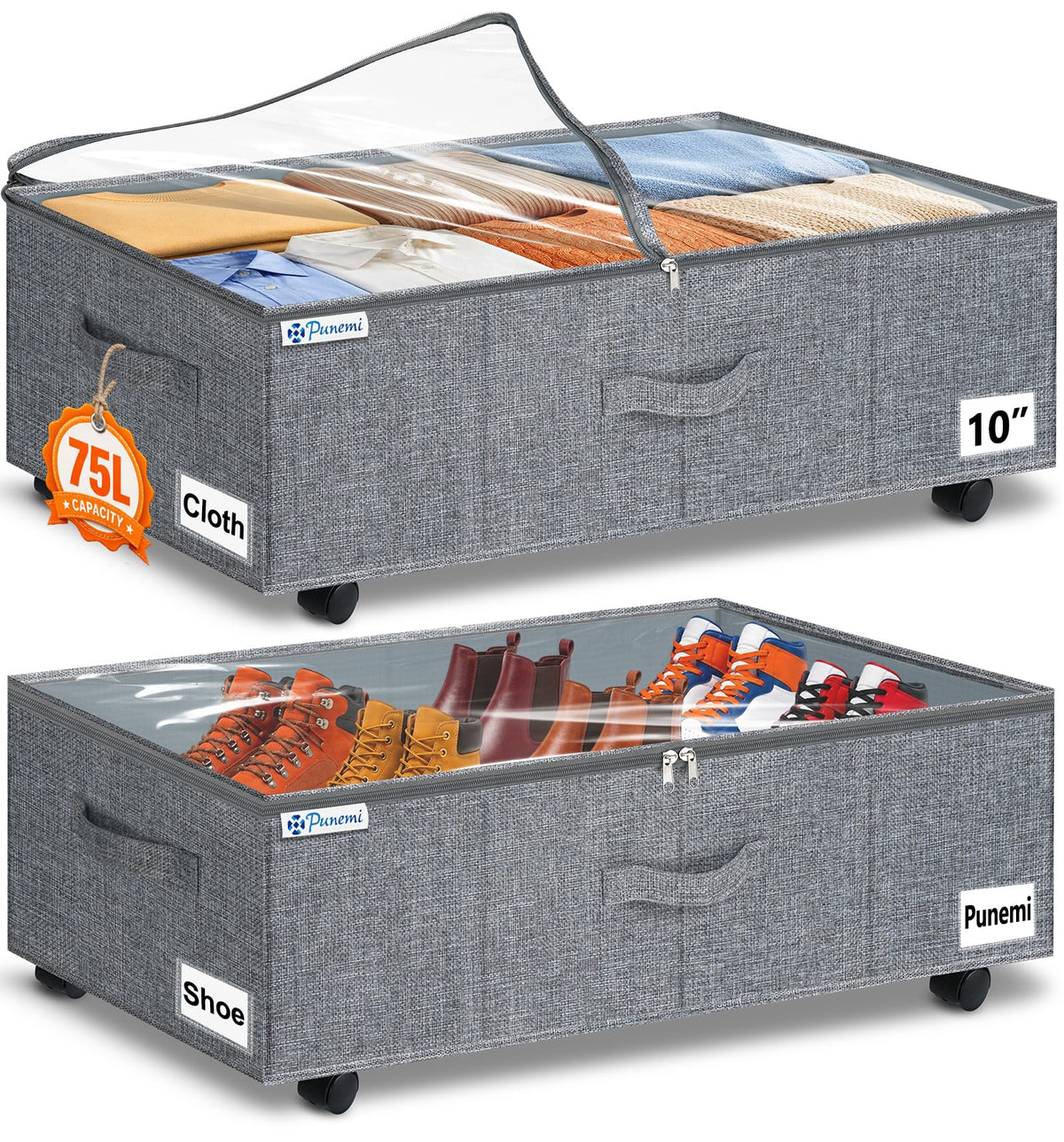 punemi 3 inch High Soft Low Profile Under Bed Storage Bins, 2 Pack, Grey