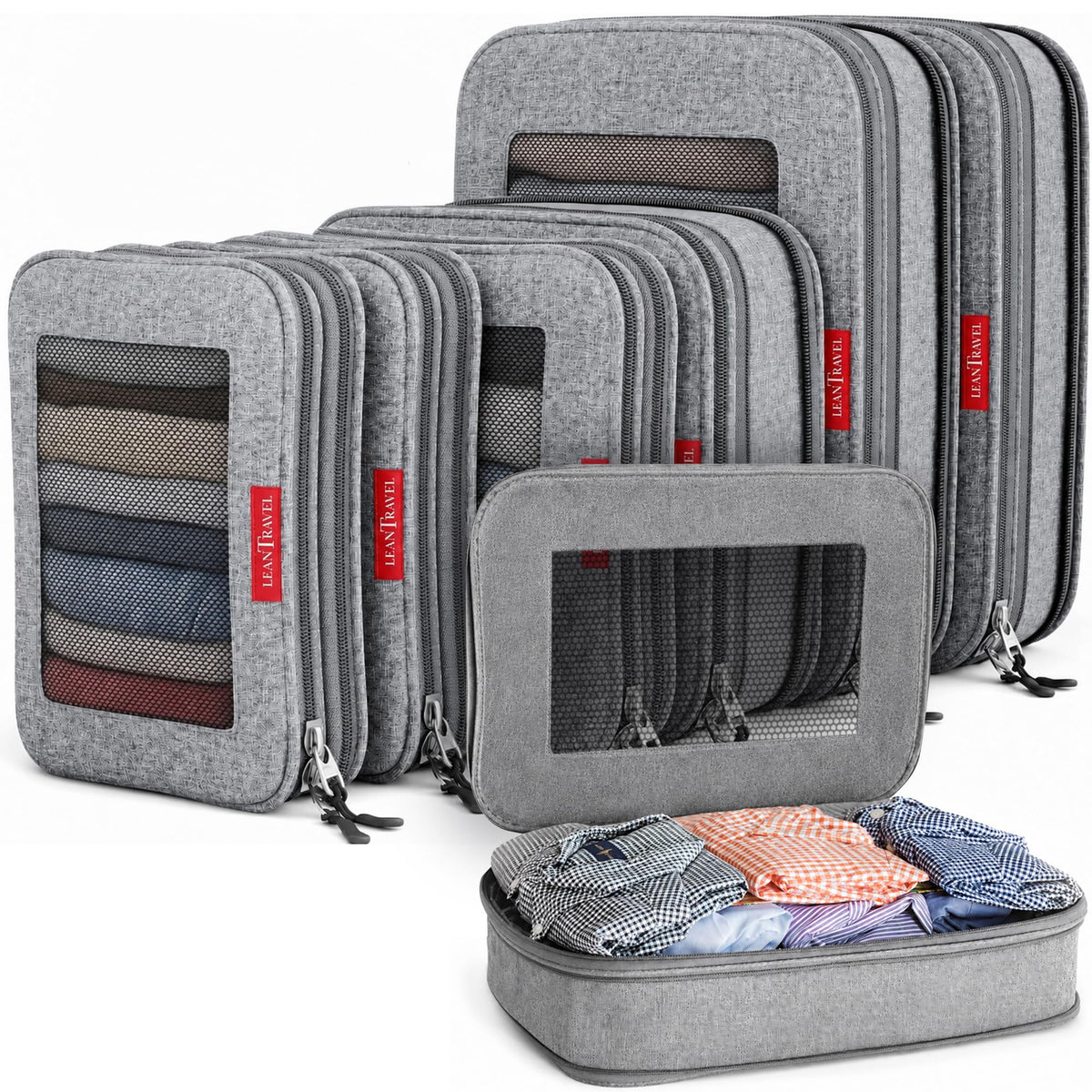 LeanTravel Premium Compression Packing Cubes for Travel - Suitcase Organizer Bags with Double Zipper & Breathable Mesh Panel - Space Saving Carry On Luggage Essentials (6-Pack, Grey)