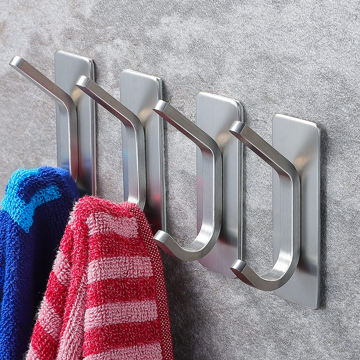 YIGII Towel Hook/Adhesive Hooks - Black Wall Hooks Stick for Bathroom and Kitchen Heavy Duty Hooks 4-Pack, Stainless Steel